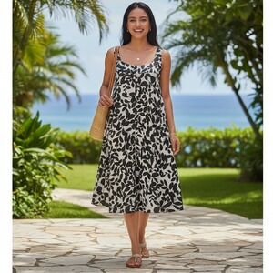 Dolce & Gabbana Dress Knee Length Blk & Wht Silk Flowy Zip Box Neck Cottage READ